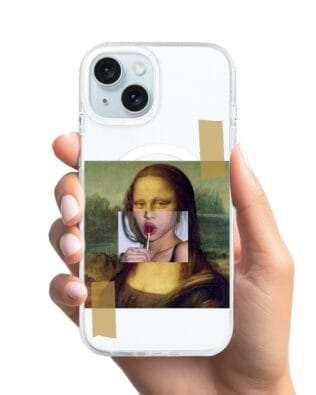 Etui do iPhone 15 z MagSafe przeźroczyste, silikonowe Flexi, Mona Lisa z lizakiem