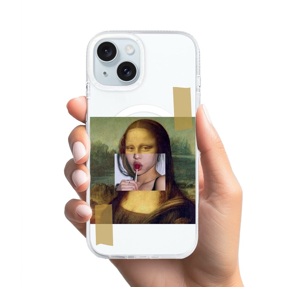Etui do iPhone 15 z MagSafe przeźroczyste, silikonowe Flexi, Mona Lisa z lizakiem - obrazek 2