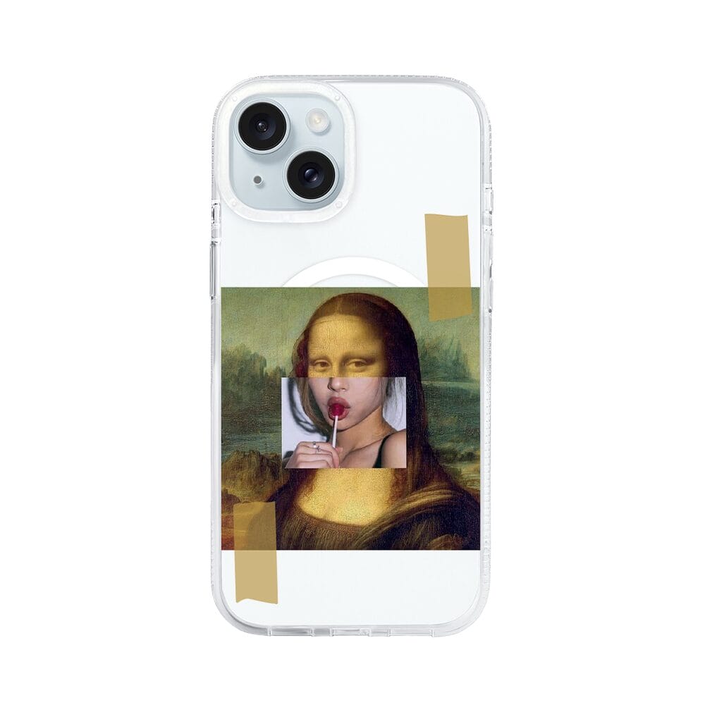 Etui do iPhone 15 z MagSafe przeźroczyste, silikonowe Flexi, Mona Lisa z lizakiem
