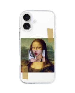 Etui do iPhone 16 z MagSafe przeźroczyste, silikonowe Flexi, Mona Lisa z lizakiem