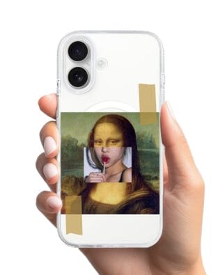 Etui do iPhone 16 z MagSafe przeźroczyste, silikonowe Flexi, Mona Lisa z lizakiem