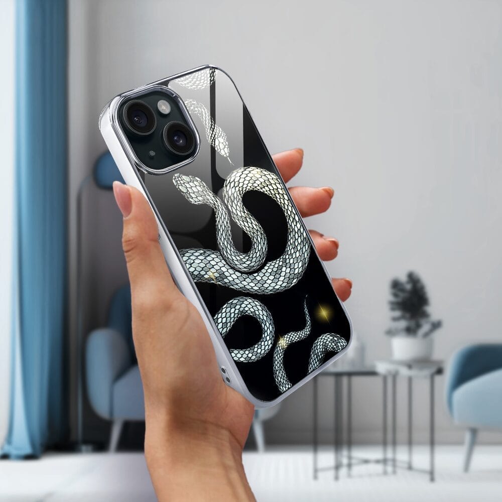 Etui do iPhone 14 IBIZU Elite Glass, szklany tył, węże ze srebrem, srebrne - obrazek 4
