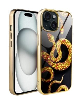 Etui do iPhone 15 IBIZU Elite Glass, szklany tył, węże ze złotem, złote