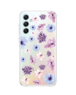 Etui do Samsung Galaxy A34 5G przeźroczyste, silikonowe Flexi, kwiatki niebieskie, fioletowe