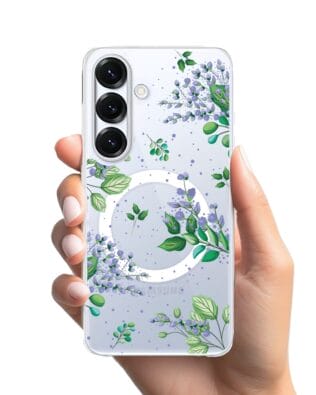 Etui do Samsung Galaxy S25 z MagSafe przeźroczyste, silikonowe Flexi, fioletowe kwiatki