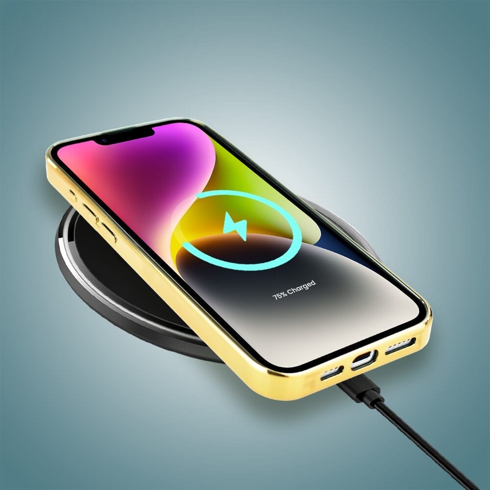 Etui do iPhone 14 IBIZU Elite Glass, szklany tył, kwiaty ze złotem, złote - obrazek 6