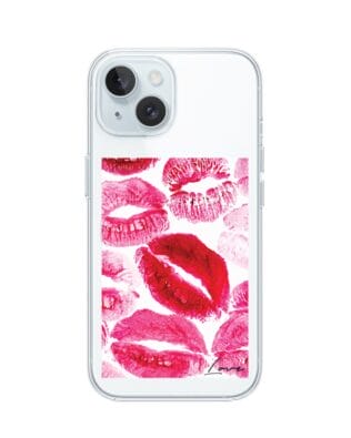 Etui do iPhone 15 Plus z MagSafe przeźroczyste, silikonowe Flexi, pocałunki z napisem „love”