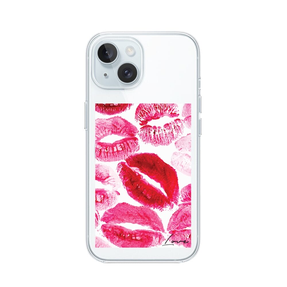 Etui do iPhone 15 Plus z MagSafe przeźroczyste, silikonowe Flexi, pocałunki z napisem "love"