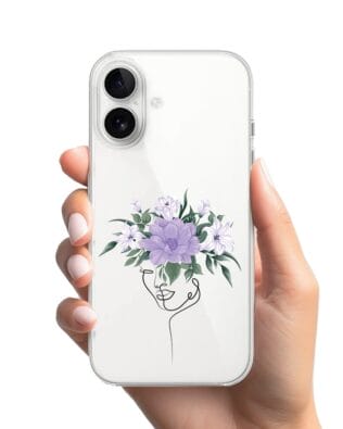 Etui do iPhone 16 Plus przeźroczyste, silikonowe Flexi, kobieta z kwiatami
