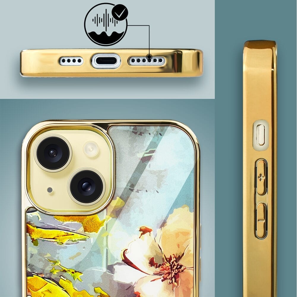 Etui do iPhone 14 IBIZU Elite Glass, szklany tył, kwiaty ze złotem, złote - obrazek 5