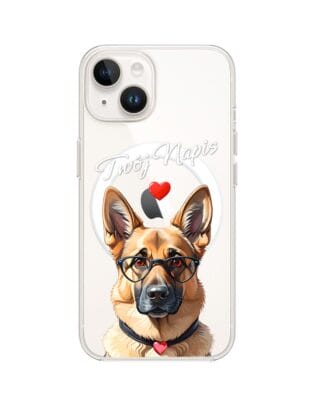 Etui do iPhone 14 Plus z MagSafe przeźroczyste, silikonowe Flexi, Puppy Love, pies rasy Owczarek Niemiecki