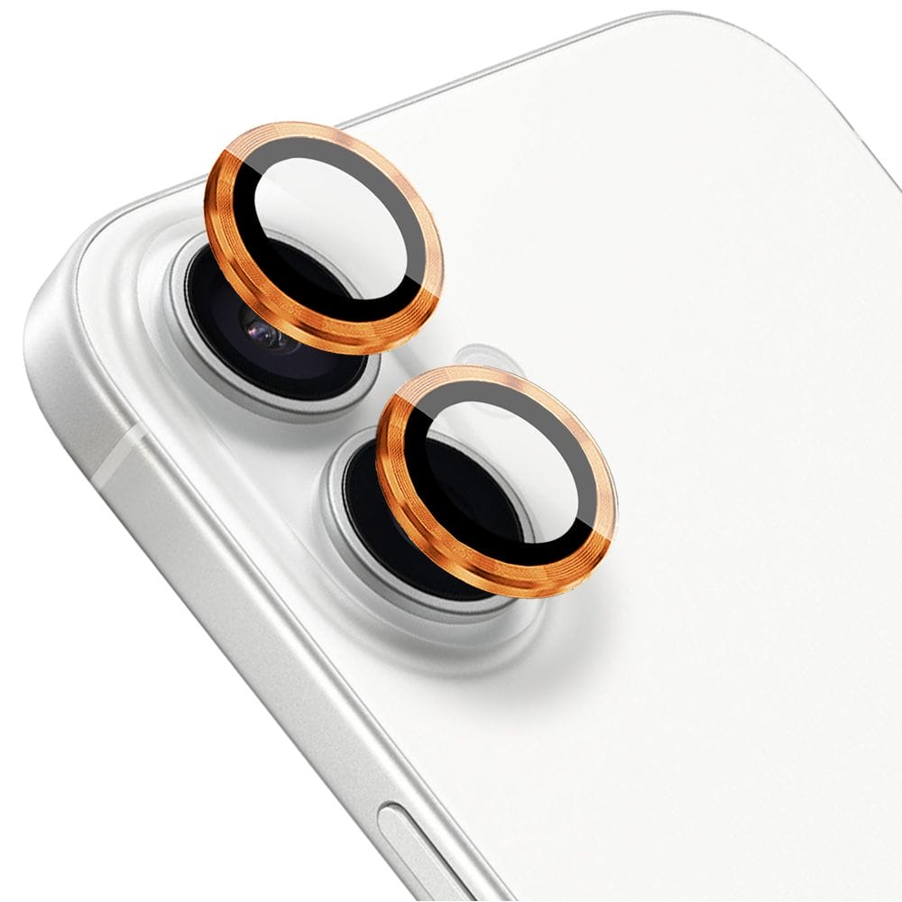 Metalowa osłona obiektywu aparatu ze szkła hartowanego 9H do iPhone 16 Plus, 1 zestaw, pomarańczowa