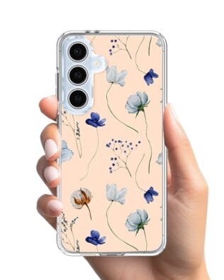 Etui do Samsung Galaxy S24 FE z MagSafe przeźroczyste, silikonowe Flexi, kwiatki niebieskie na pudrowym tle