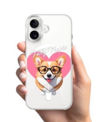 Etui do iPhone 16 Plus z MagSafe przeźroczyste, silikonowe Flexi, Puppy Love, pies rasy Corgi