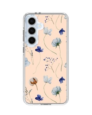 Etui do Samsung Galaxy S24 FE z MagSafe przeźroczyste, silikonowe Flexi, kwiatki niebieskie na pudrowym tle