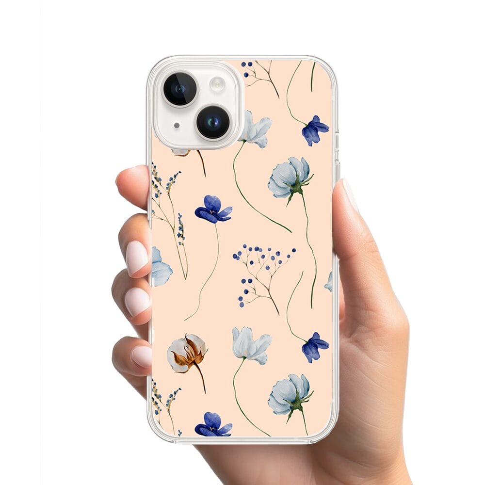 Etui do iPhone 13 Mini przeźroczyste, silikonowe Flexi, kwiatki niebieskie na pudrowym tle - obrazek 2