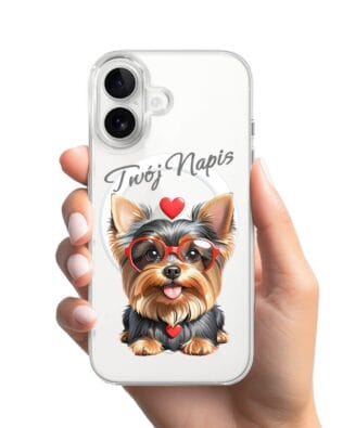 Etui do iPhone 16 Plus z MagSafe przeźroczyste, silikonowe Flexi, Puppy Love, pies rasy York
