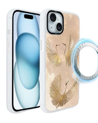 Etui do iPhone 15 IBIZU DropGuard Matt z MagSafe, Boho, Złote żurawie