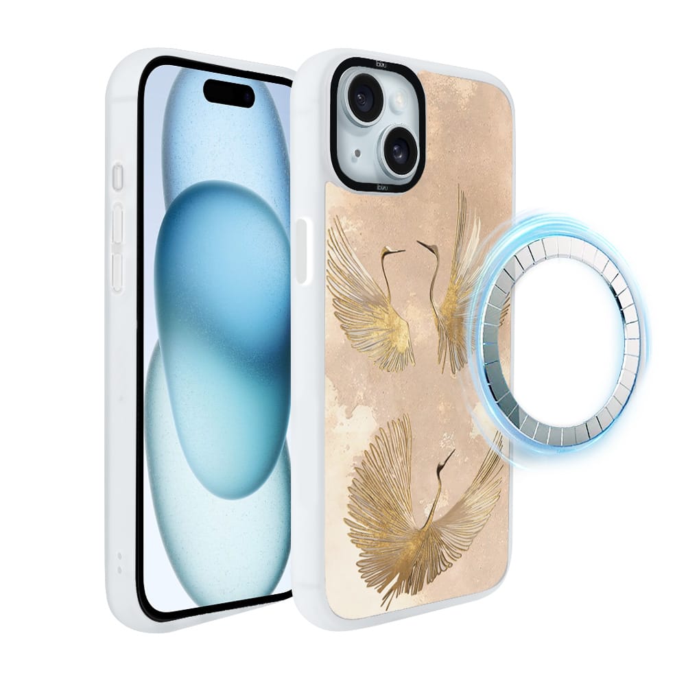 Etui do iPhone 15 IBIZU DropGuard Matt z MagSafe, Boho, Złote żurawie