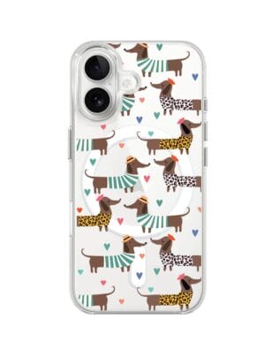 Etui do iPhone 16 z MagSafe przeźroczyste, silikonowe Flexi, zakochane jamniki