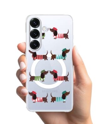 Etui do Samsung Galaxy S25 z MagSafe przeźroczyste, silikonowe Flexi, jamnik w Paryżu