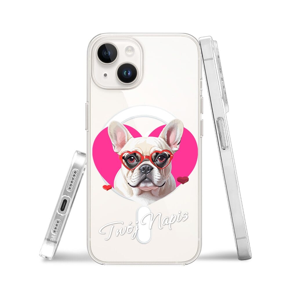 Etui do iPhone 13 Mini z MagSafe przeźroczyste, silikonowe Flexi, Puppy Love, pies rasy Buldog Francuski - obrazek 3