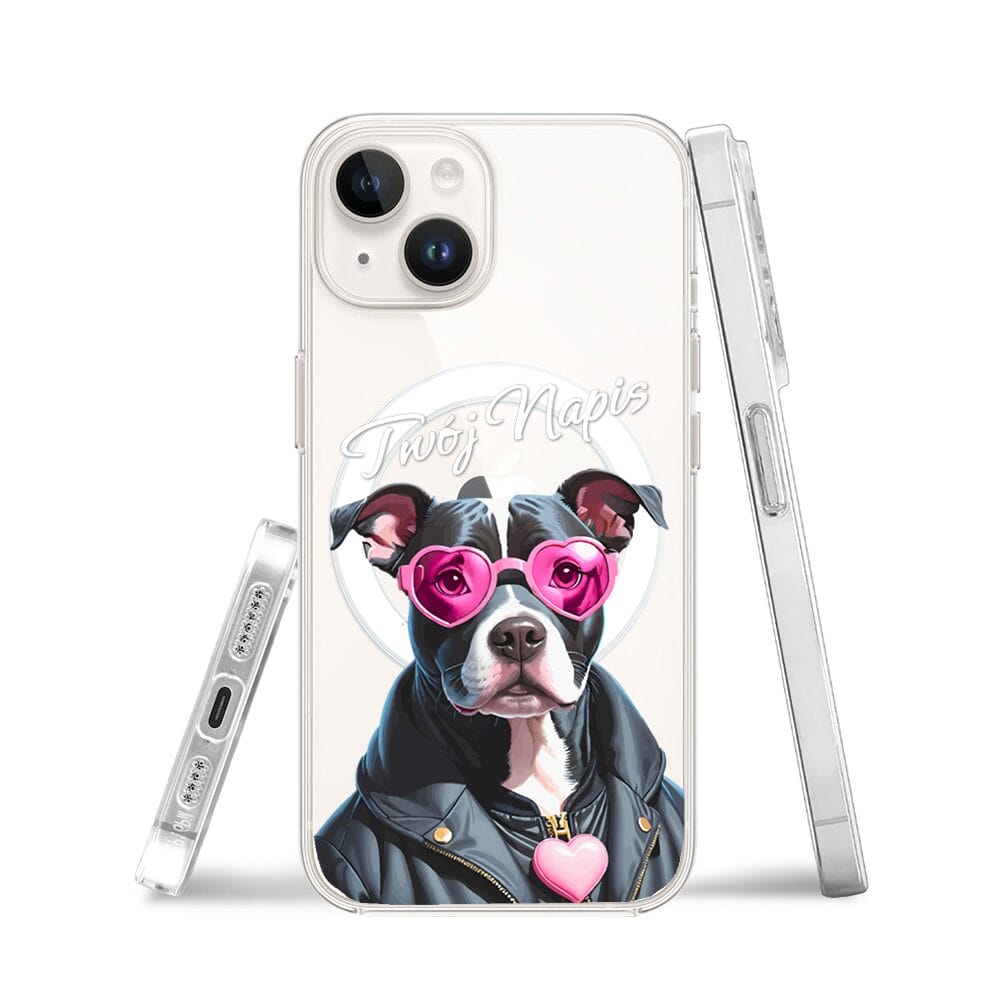 Etui do iPhone 13 Mini z MagSafe przeźroczyste, silikonowe Flexi, Puppy Love, pies rasy Amstaff - obrazek 3