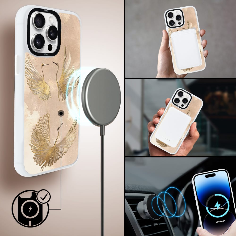 Etui do iPhone 14 Pro IBIZU DropGuard Matt z MagSafe, Boho, Złote żurawie - obrazek 8