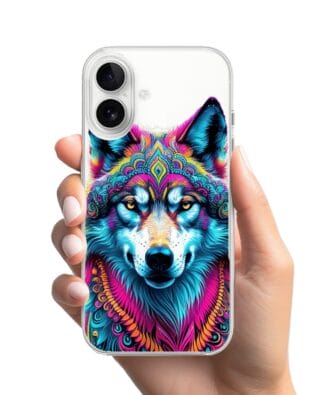 Etui do iPhone 16 Plus przeźroczyste, silikonowe Flexi, Dzika Mandala, Wilk