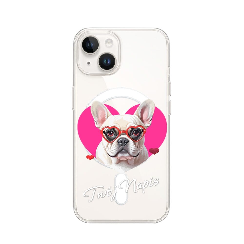 Etui do iPhone 13 Mini z MagSafe przeźroczyste, silikonowe Flexi, Puppy Love, pies rasy Buldog Francuski