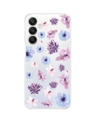 Etui do Samsung Galaxy A25 5G przeźroczyste, silikonowe Flexi, kwiatki niebieskie, fioletowe