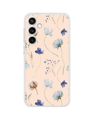 Etui do Samsung Galaxy S23 FE 5G przeźroczyste, silikonowe Flexi, kwiatki niebieskie na pudrowym tle