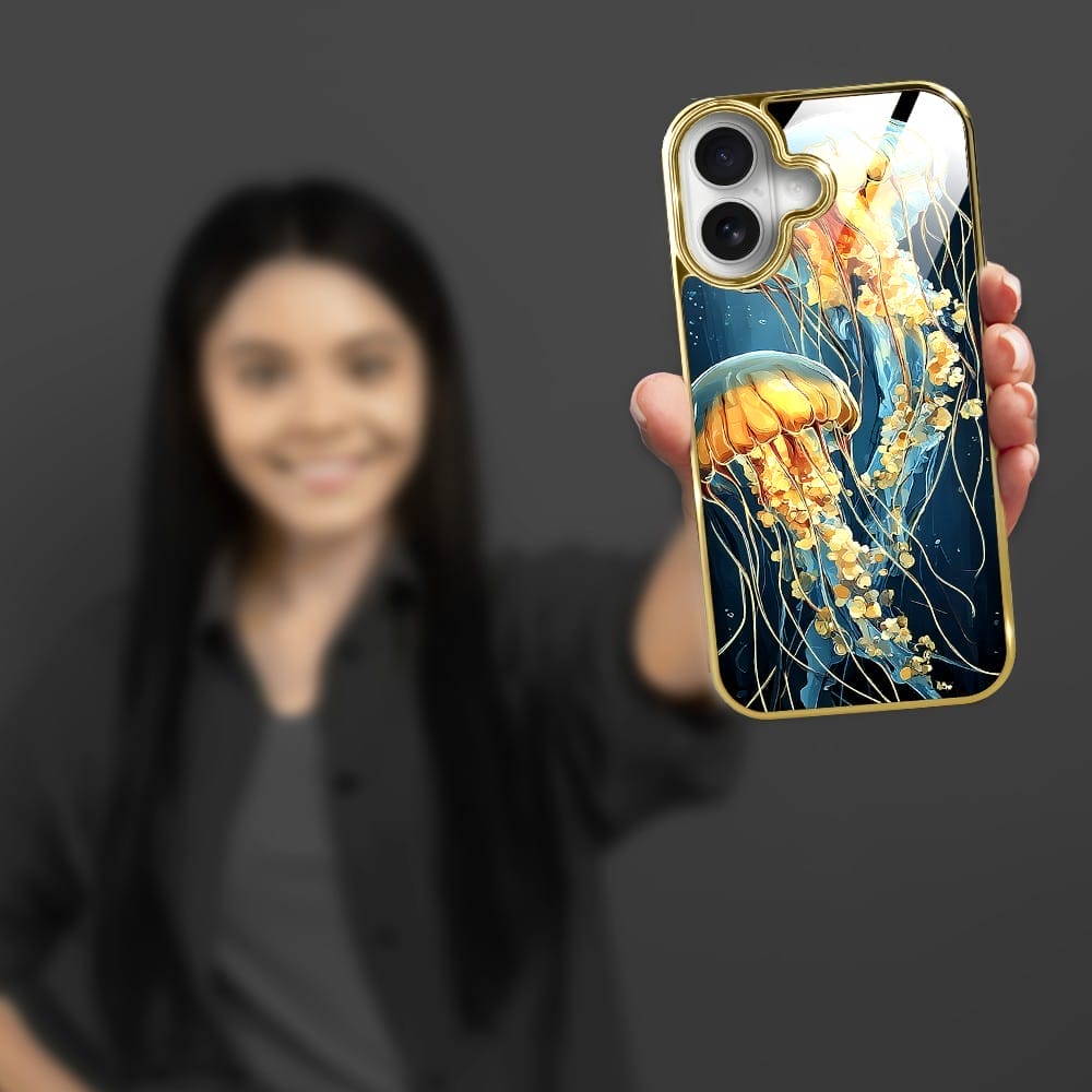 Etui do iPhone 16 IBIZU Elite Glass z MagSafe, Morze, Meduzy w głębinach, złote - obrazek 6