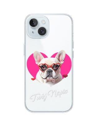 Etui do iPhone 15 Plus przeźroczyste, silikonowe Flexi, Puppy Love, pies rasy Buldog Francuski