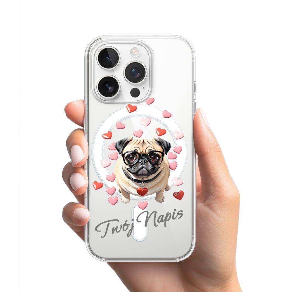 Etui do iPhone 13 Pro z MagSafe przeźroczyste, silikonowe Flexi, Puppy Love, pies rasy Mops - obrazek 2