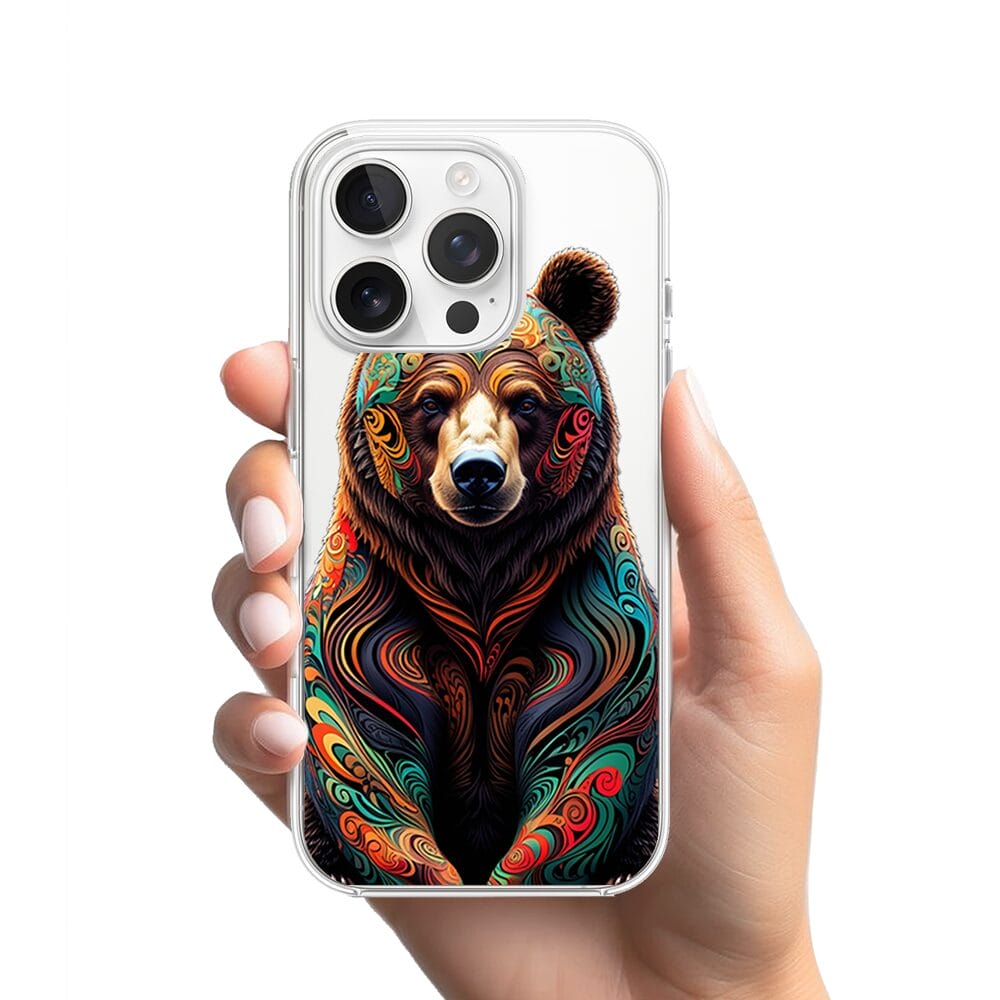 Etui do iPhone 16 Pro Max przeźroczyste, silikonowe Flexi, Dzika Mandala, Niedźwiedź - obrazek 2