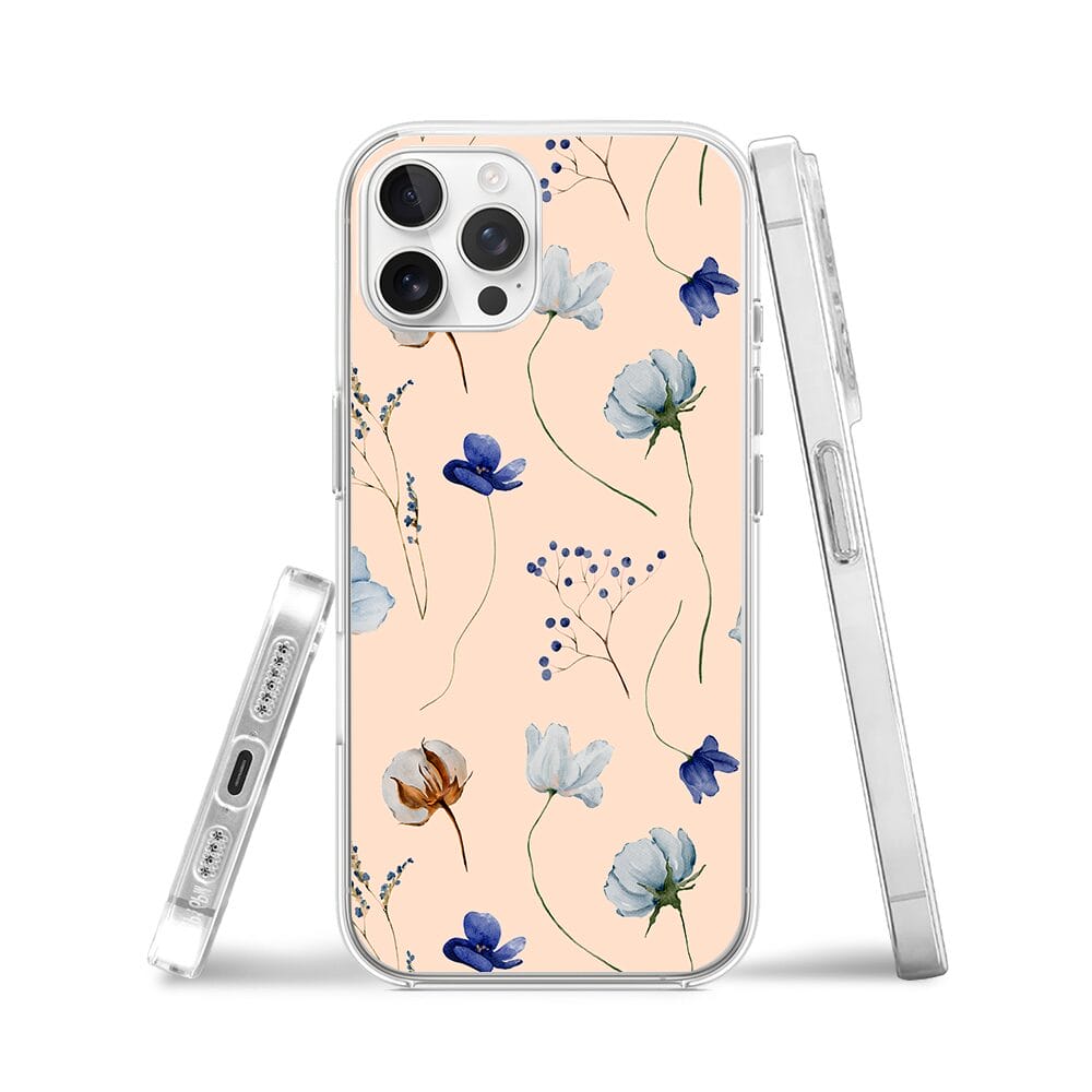 Etui do iPhone 12 Pro Max z MagSafe przeźroczyste, silikonowe Flexi, kwiatki niebieskie na pudrowym tle - obrazek 3