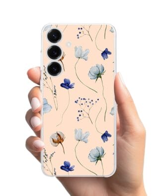 Etui do Samsung Galaxy S25 przeźroczyste, silikonowe Flexi, kwiatki niebieskie na pudrowym tle