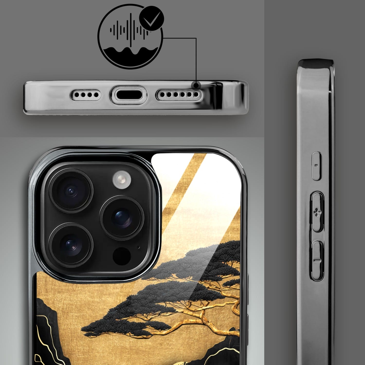 Etui do iPhone 16 Pro IBIZU Elite Glass z MagSafe Magia Azji, Złoty wodospad, czarne - obrazek 4