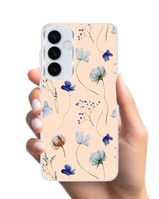 Etui do Samsung Galaxy A35 5G z MagSafe przeźroczyste, silikonowe Flexi, kwiatki niebieskie na pudrowym tle