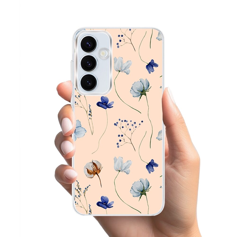 Etui do Samsung Galaxy A35 5G z MagSafe przeźroczyste, silikonowe Flexi, kwiatki niebieskie na pudrowym tle - obrazek 2