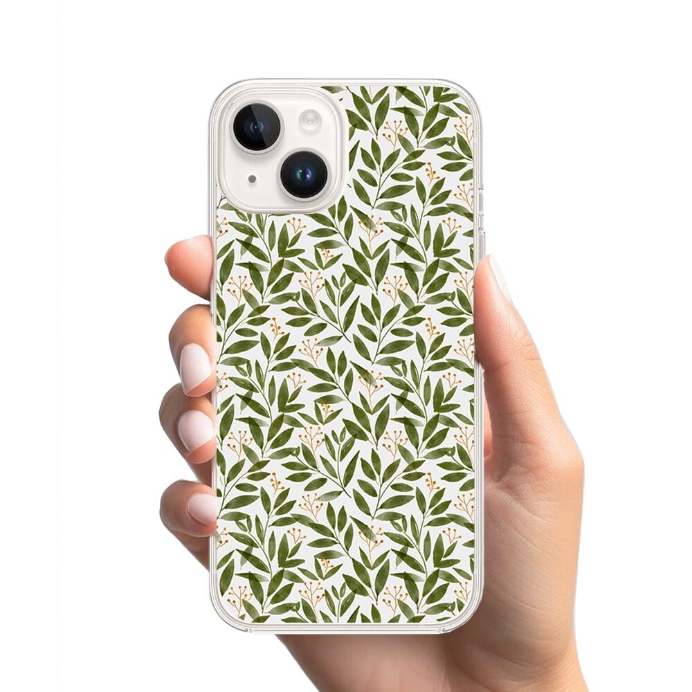 Etui do iPhone 13 Mini z MagSafe przeźroczyste, silikonowe Flexi, zielone gałązki - obrazek 2