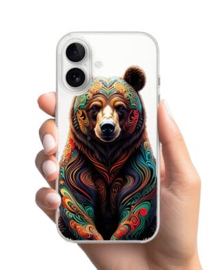 Etui do iPhone 16 przeźroczyste, silikonowe Flexi, Dzika Mandala, Niedźwiedź