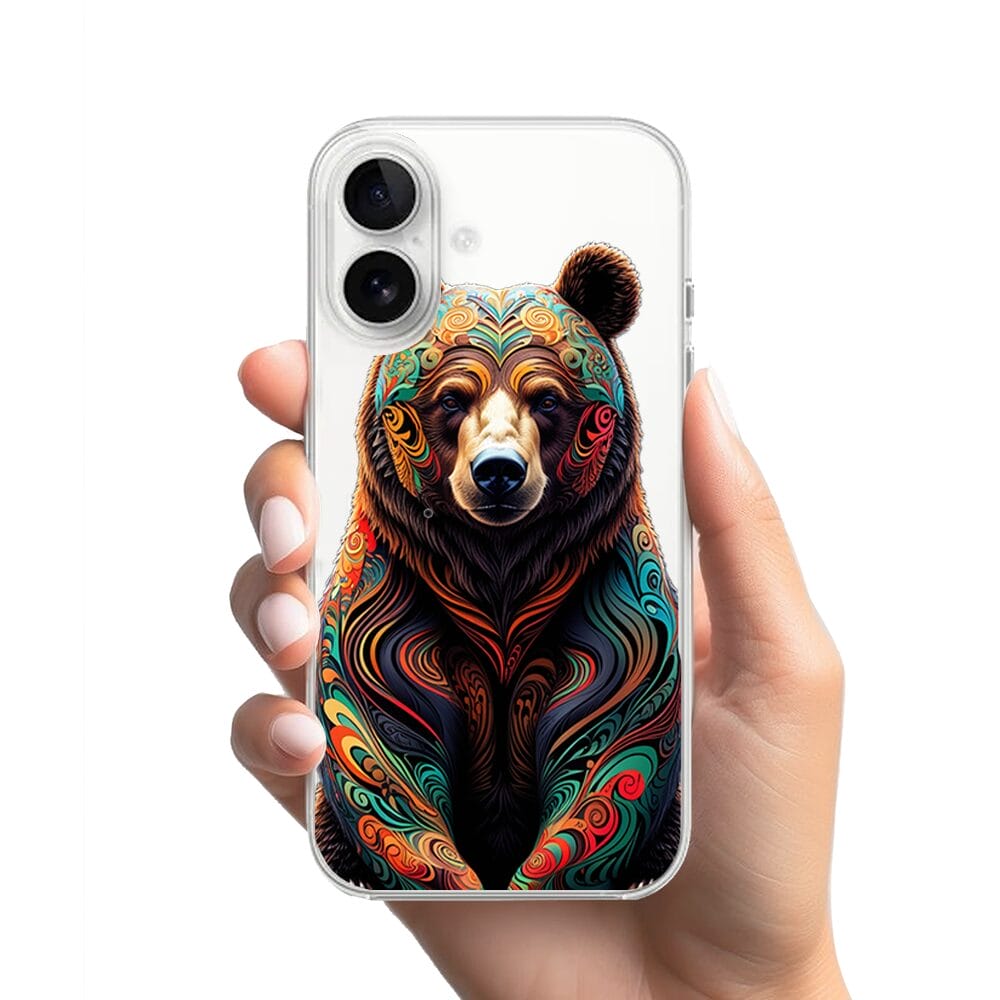 Etui do iPhone 16 przeźroczyste, silikonowe Flexi, Dzika Mandala, Niedźwiedź - obrazek 2