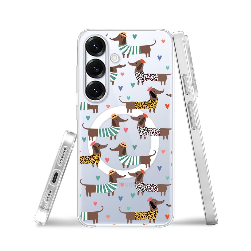 Etui do Samsung Galaxy S25 z MagSafe przeźroczyste, silikonowe Flexi, zakochane jamniki - obrazek 3