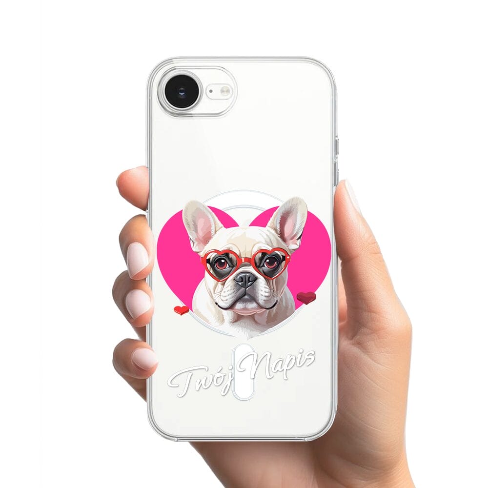 Etui do iPhone 16e z MagSafe przeźroczyste, silikonowe Flexi, Puppy Love, pies rasy Buldog Francuski - obrazek 2