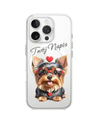 Etui do iPhone 16 Pro Max z MagSafe przeźroczyste, silikonowe Flexi, Puppy Love, pies rasy York