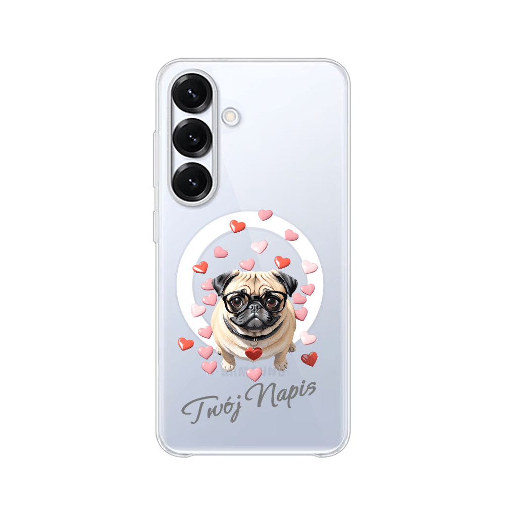 Etui do Samsung Galaxy S25 Plus z MagSafe przeźroczyste, silikonowe Flexi, Puppy Love, pies rasy Mops