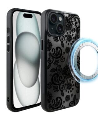 Etui do iPhone 15 Plus IBIZU DropGuard Matt z MagSafe, Midnight, Koronkowa czerń