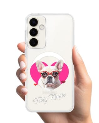 Etui do Samsung Galaxy S23 z MagSafe przeźroczyste, silikonowe Flexi, Puppy Love, pies rasy Buldog Francuski